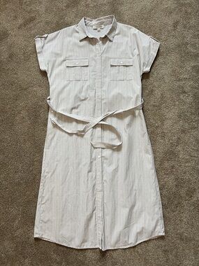 Taupe Pin Striped She + Sky Maternity Midi Dress
